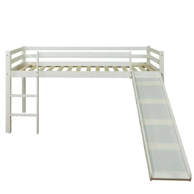 Lit mezzanine mi-hauteur 90x200cm avec échelle toboggan en bois laqué blanc LIT06200