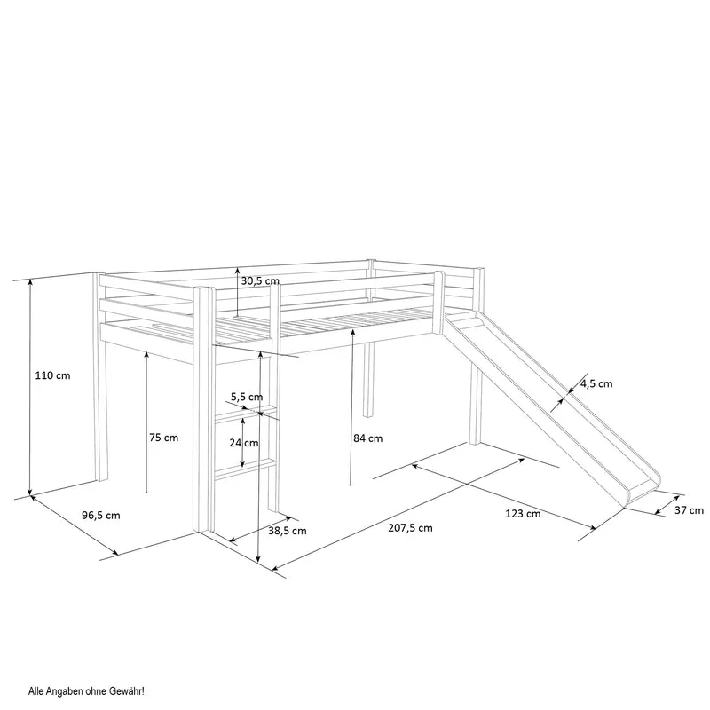 Lit mezzanine mi-hauteur 90x200cm avec échelle toboggan en bois laqué blanc LIT06200