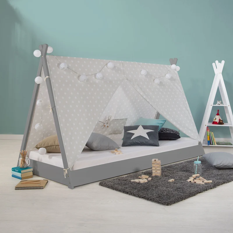 Lit pour enfant tipi tente indienne 90 x 200 cm en bois gris avec tissu et sommier LIT06202