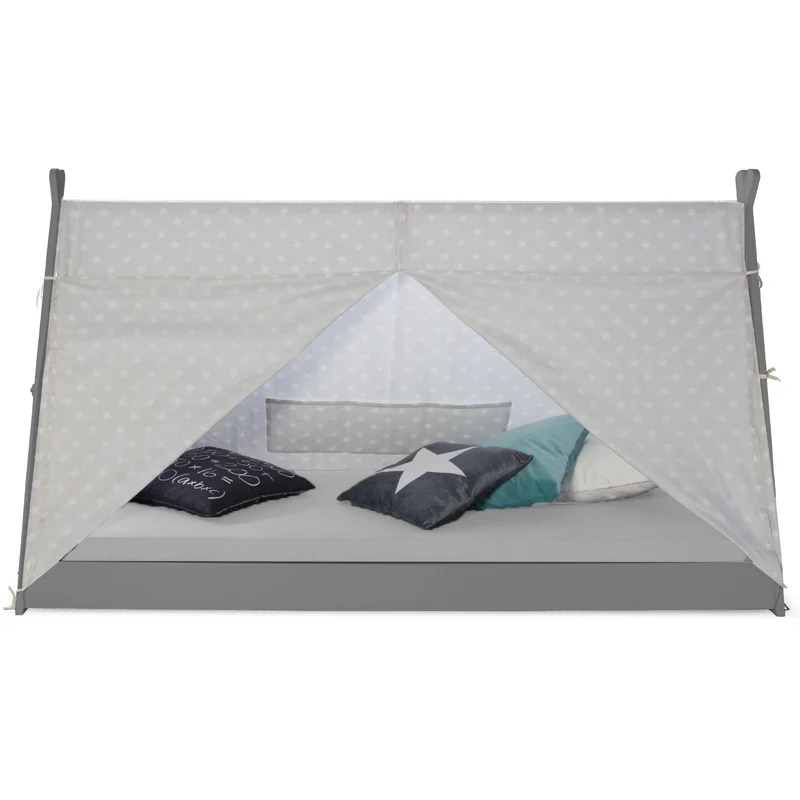 Lit pour enfant tipi tente indienne 90 x 200 cm en bois gris avec tissu et sommier LIT06202