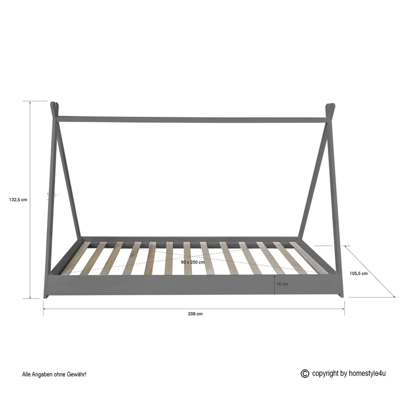 Lit pour enfant tipi tente indienne 90 x 200 cm en bois gris avec tissu et sommier LIT06202