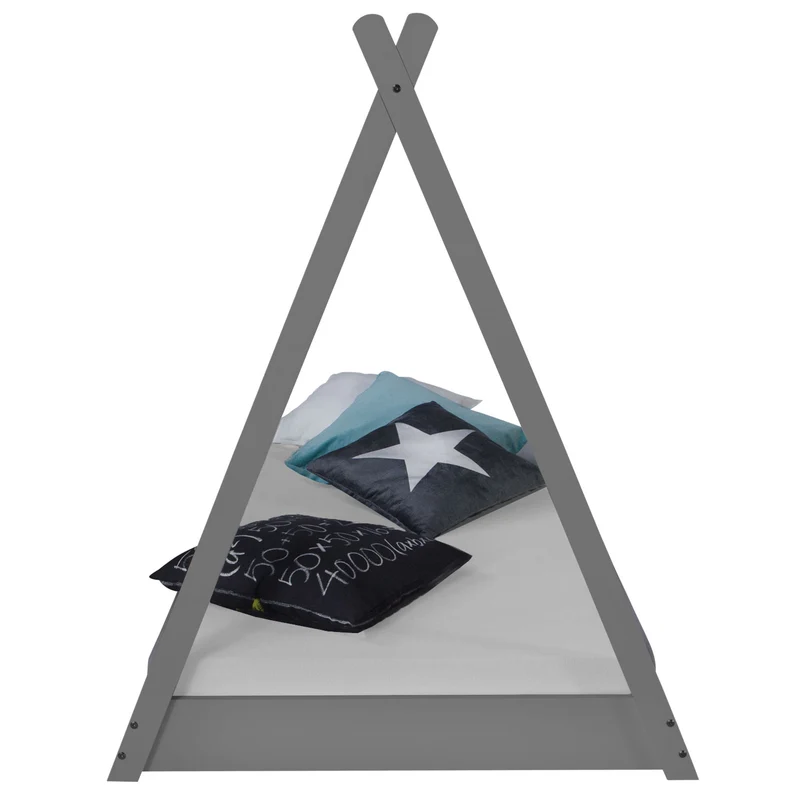 Lit pour enfant tipi tente indienne 90 x 200 cm en bois gris avec tissu et sommier LIT06202