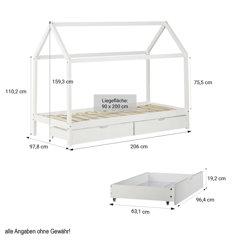 Lit cabane maison pour enfant avec sommier à lattes tissu et tiroirs de rangement en bois de pin blanc 90x200cm LIT06205