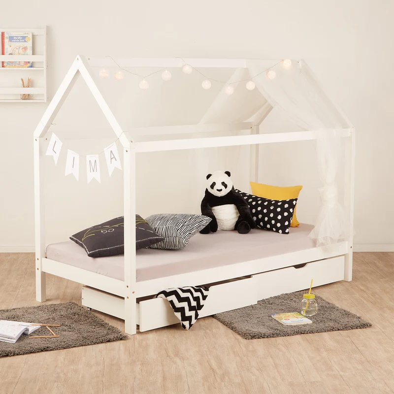Lit cabane maison pour enfant avec sommier à lattes tissu et tiroirs de rangement en bois de pin blanc 90x200cm LIT06205