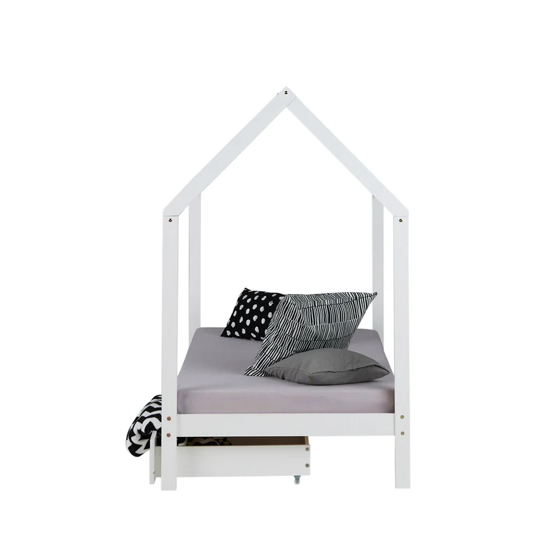Lit cabane maison pour enfant avec sommier à lattes tissu et tiroirs de rangement en bois de pin blanc 90x200cm LIT06205