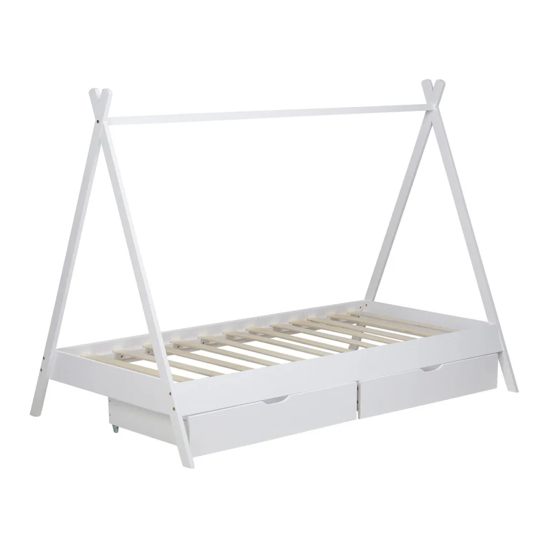Lit tipi pour enfant avec sommier à lattes tissu et tiroirs de rangement en bois de pin blanc 90x200cm LIT06203