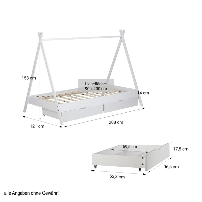 Lit tipi pour enfant avec sommier à lattes tissu et tiroirs de rangement en bois de pin blanc 90x200cm LIT06203