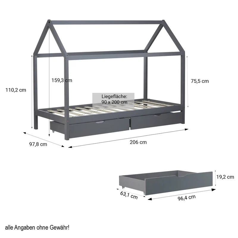 Lit cabane maison pour enfant avec sommier à lattes tissu et tiroirs de rangement en bois de pin gris 90x200cm LIT06206