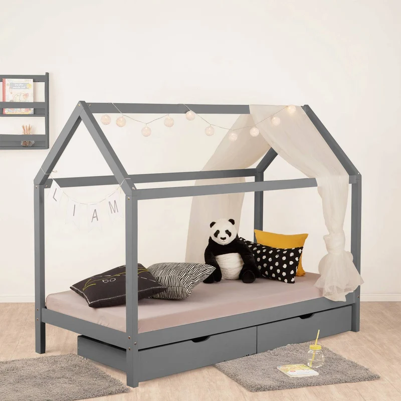 Lit cabane maison pour enfant avec sommier à lattes tissu et tiroirs de rangement en bois de pin gris 90x200cm LIT06206