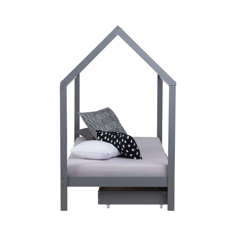 Lit cabane maison pour enfant avec sommier à lattes tissu et tiroirs de rangement en bois de pin gris 90x200cm LIT06206