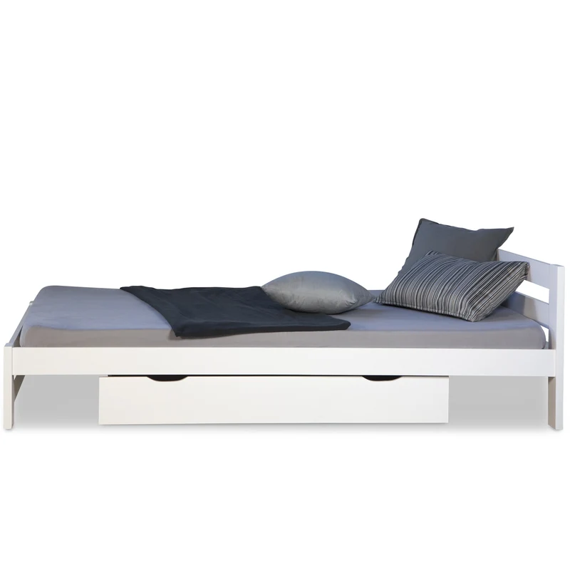 Lit double 2 personnes 140x200 cm avec tiroirs de rangement en bois blanc avec sommier à lattes LIT06212