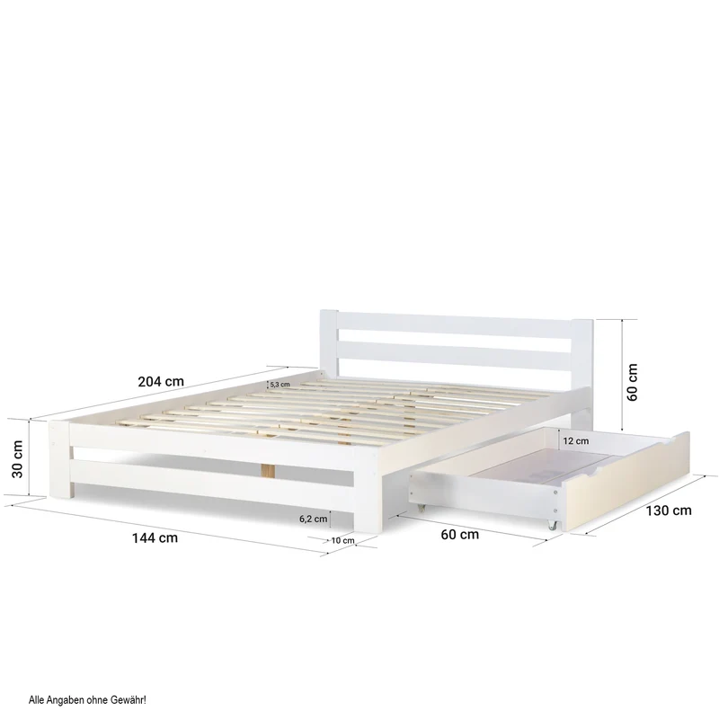 Lit double 2 personnes 140x200 cm avec tiroirs de rangement en bois blanc avec sommier à lattes LIT06212