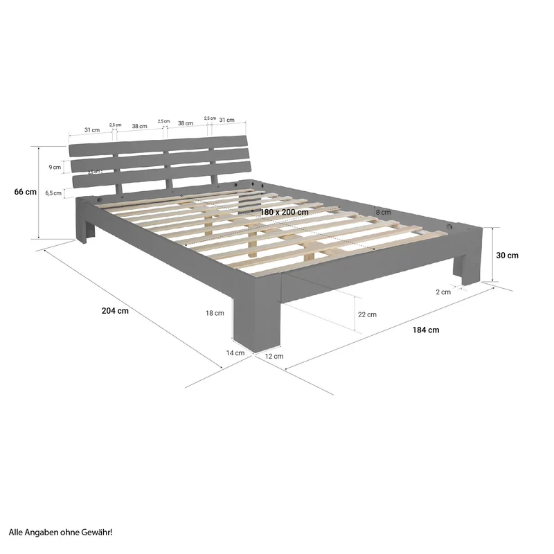 Lit double 2 personnes pour adulte avec sommier à lattes en bois gris 180x 200 cm LIT06211