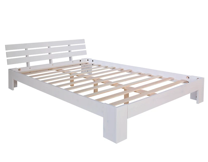 Lit double 2 personnes avec sommier à lattes en bois blanc 120 x 200 cm LIT06213