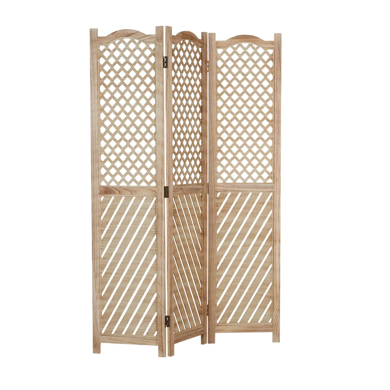 Paravent en 3 panneaux séparateur de pièce en bois naturel motif fraisé 170x120 cm PAR06093