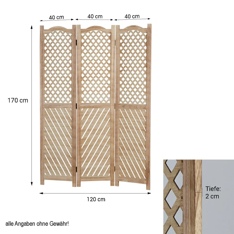 Paravent en 3 panneaux séparateur de pièce en bois naturel motif fraisé 170x120 cm PAR06093