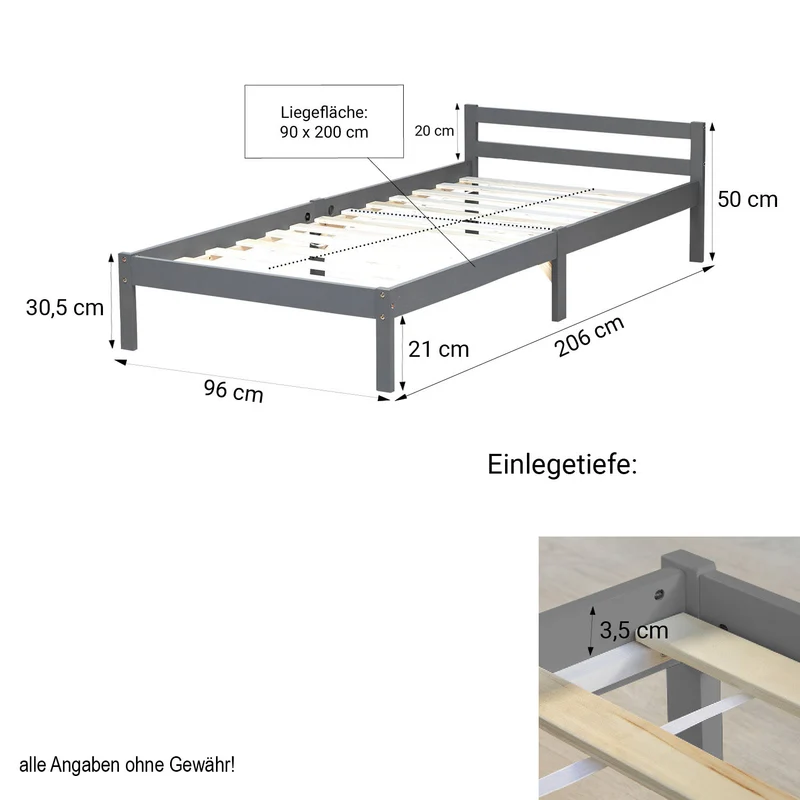 Lit simple 1 personne 90 x 200cm en bois gris avec sommier à lattes LIT06217