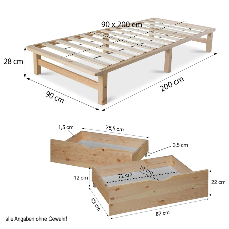 Lit palette en bois massif 90x200 cm avec tiroirs de rangement et sommier à lattes LIT06218