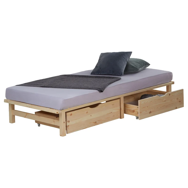 Lit palette en bois massif 90x200 cm avec tiroirs de rangement et sommier à lattes LIT06218