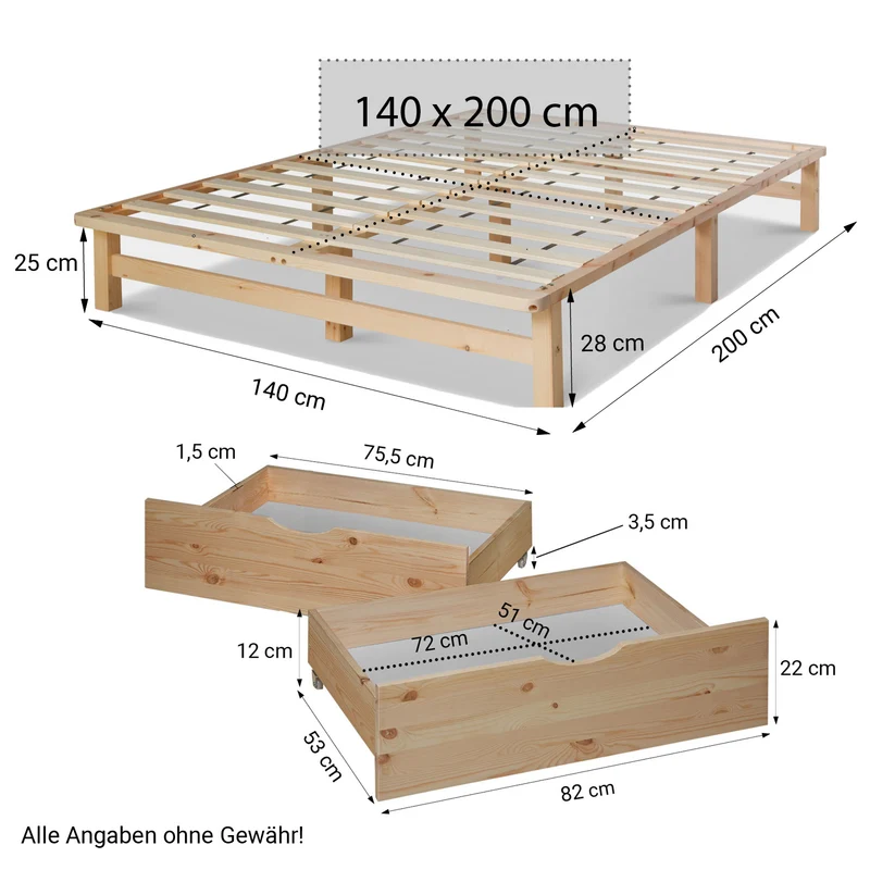 Lit palette en bois massif 140x200 cm avec tiroirs de rangement et sommier à lattes LIT06220