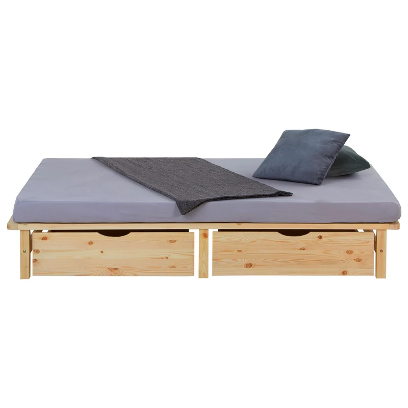 Lit palette en bois massif 140x200 cm avec tiroirs de rangement et sommier à lattes LIT06220