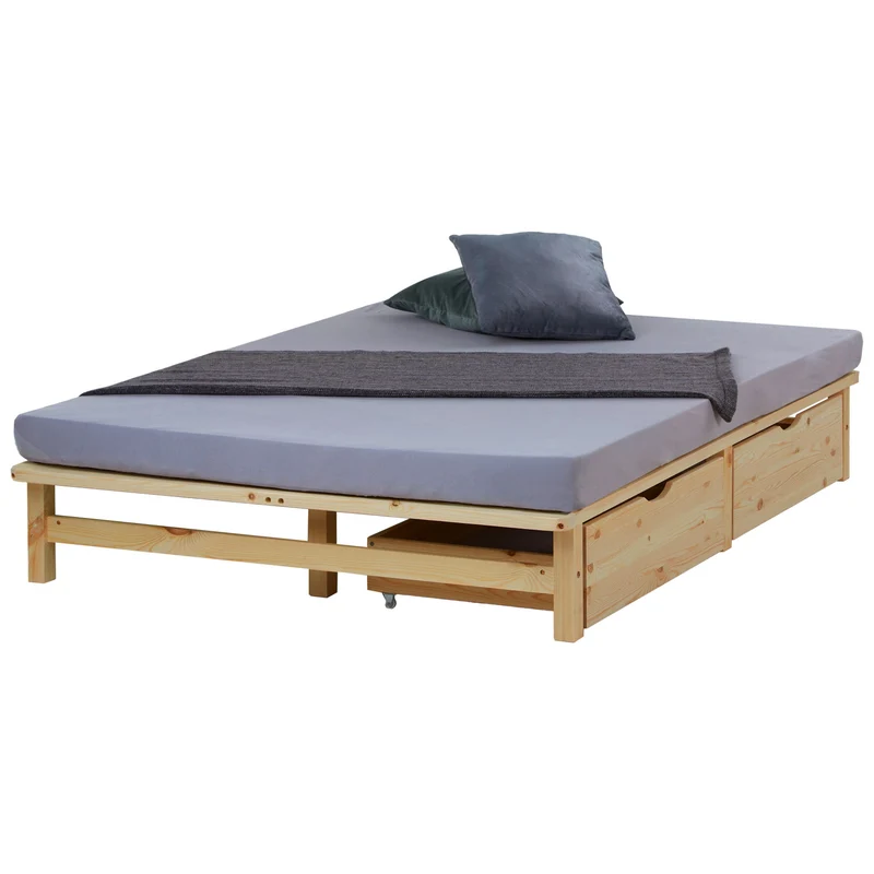 Lit palette en bois massif 140x200 cm avec tiroirs de rangement et sommier à lattes LIT06220