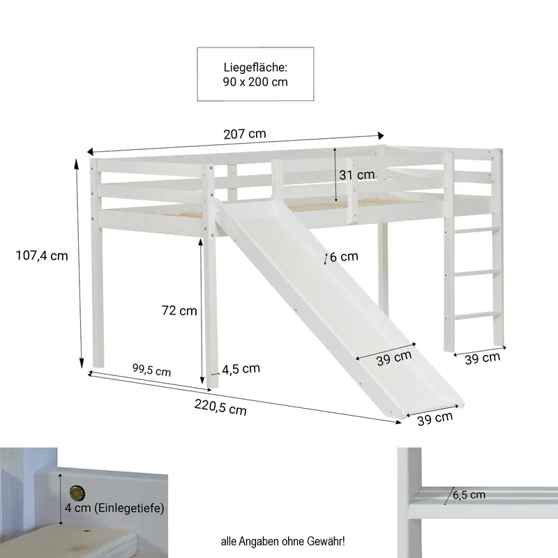 Lit mezzanine pour enfant avec sommier à lattes échelle et toboggan 90x200 cm en bois blanc LIT06233