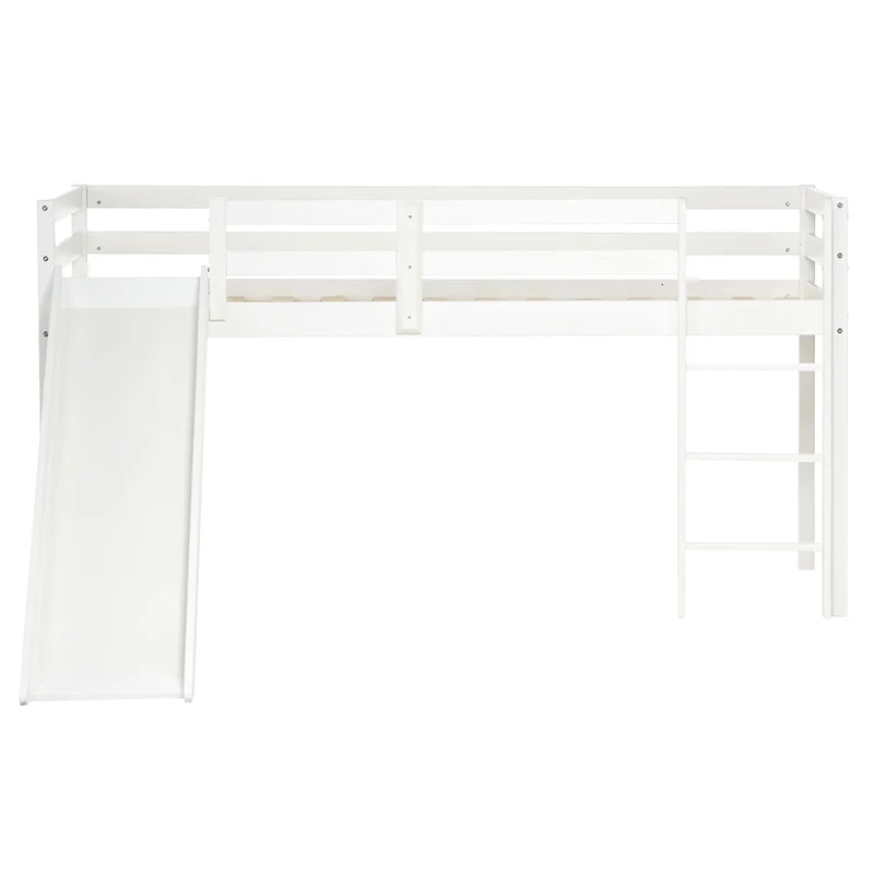 Lit mezzanine pour enfant avec sommier à lattes échelle et toboggan 90x200 cm en bois blanc LIT06233