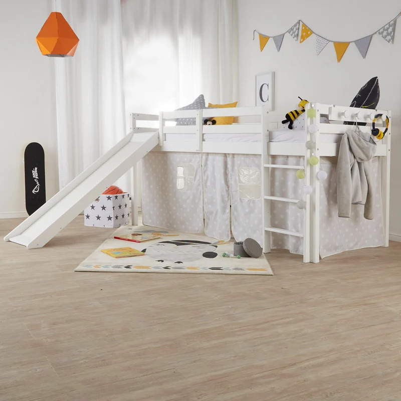Lit mezzanine pour enfant avec sommier à lattes échelle et toboggan 90x200 cm en bois blanc LIT06233