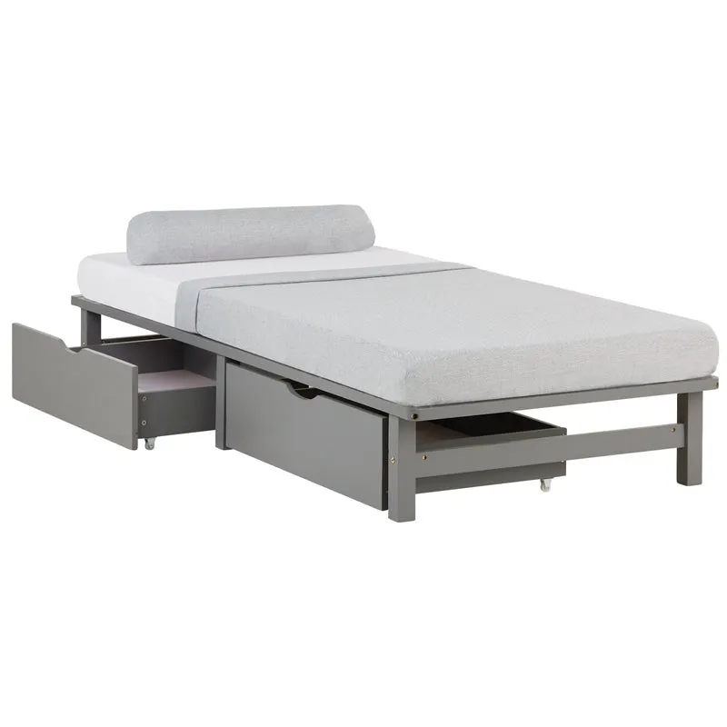 Lit palette en bois massif gris 90x200 cm avec tiroirs de rangement et sommier à lattes LIT06238