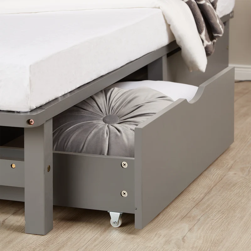 Lit palette en bois massif gris 90x200 cm avec tiroirs de rangement et sommier à lattes LIT06238