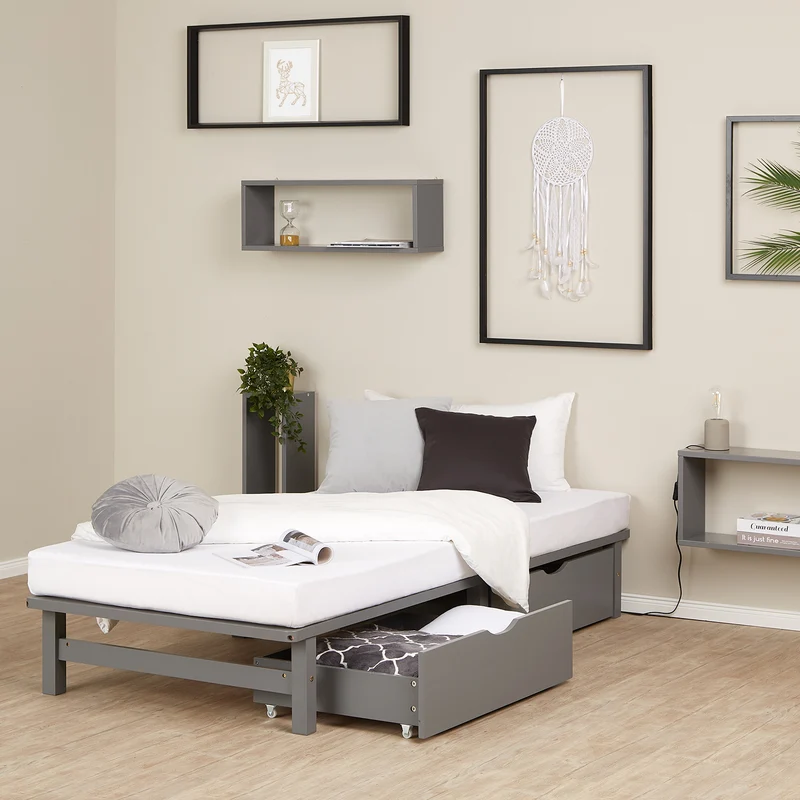 Lit palette en bois massif gris 90x200 cm avec tiroirs de rangement et sommier à lattes LIT06238