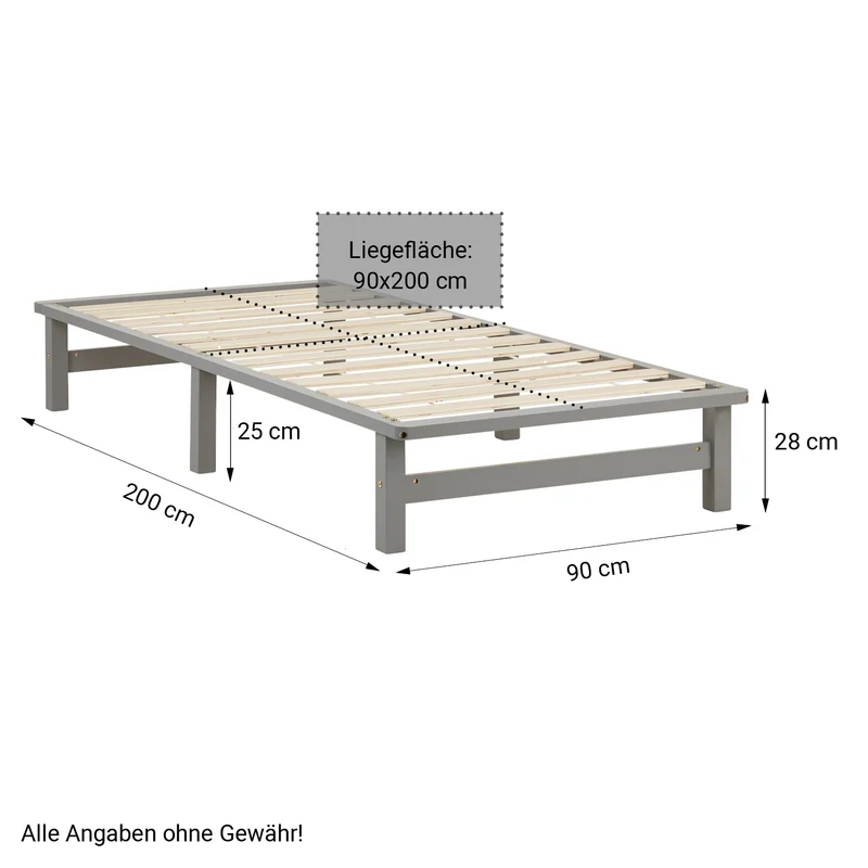 Lit palette en bois massif gris 90x200 cm avec tiroirs de rangement et sommier à lattes LIT06238