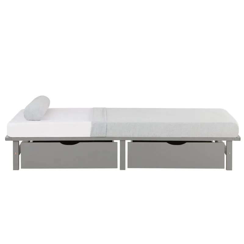 Lit palette en bois massif gris 90x200 cm avec tiroirs de rangement et sommier à lattes LIT06238