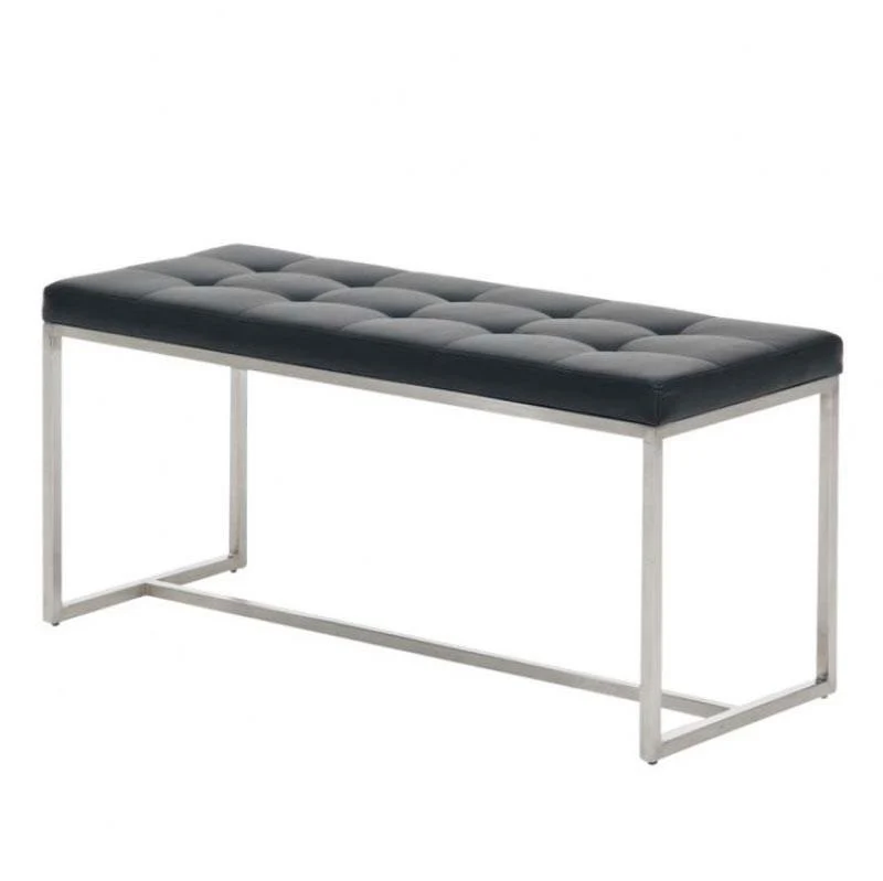 Banc tabouret assise capitonné en synthétique noir cadre en acier inoxydable 100x40 cm 10_0000802