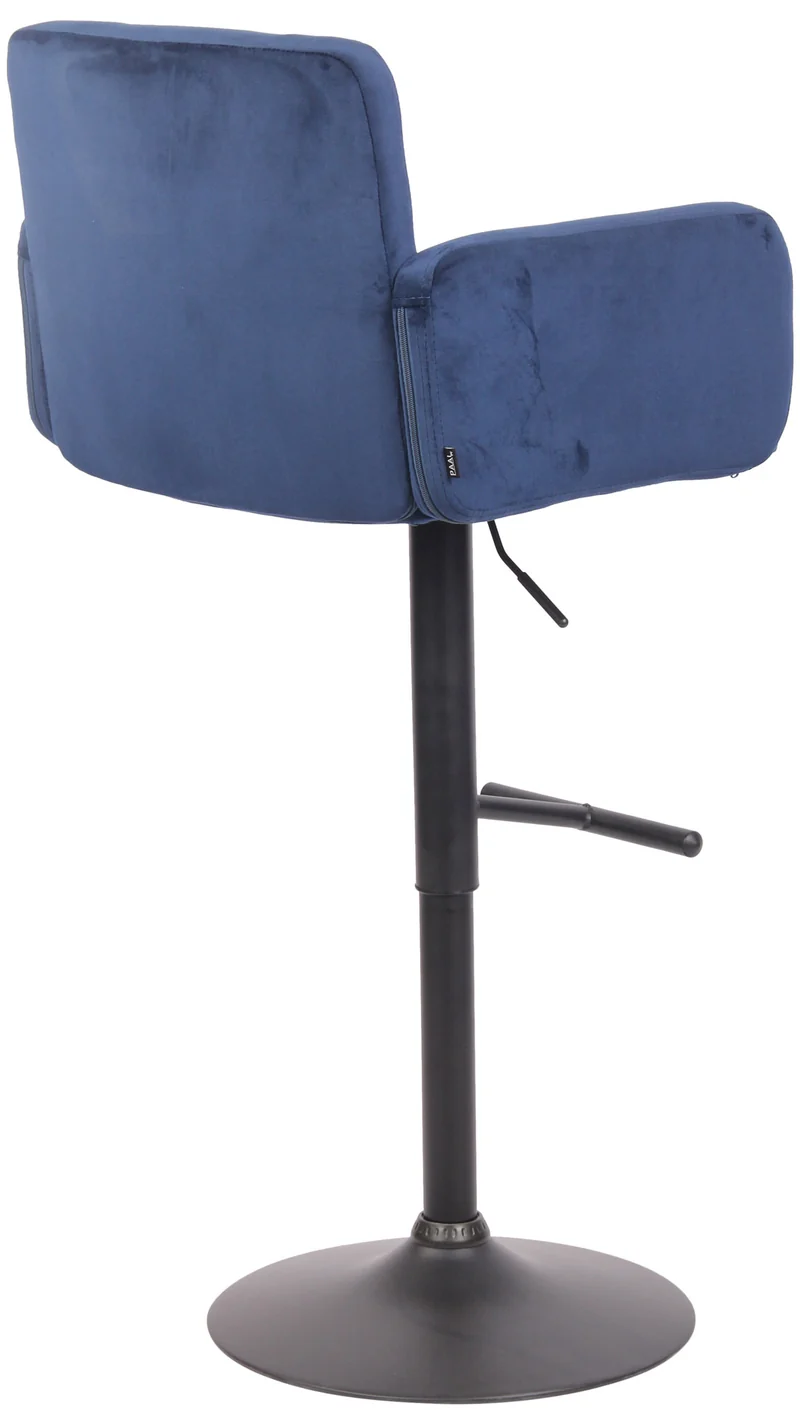 Tabouret de bar pivotant en velours bleu et métal noir avec accoudoirs repose-pieds et dossier TDB10655