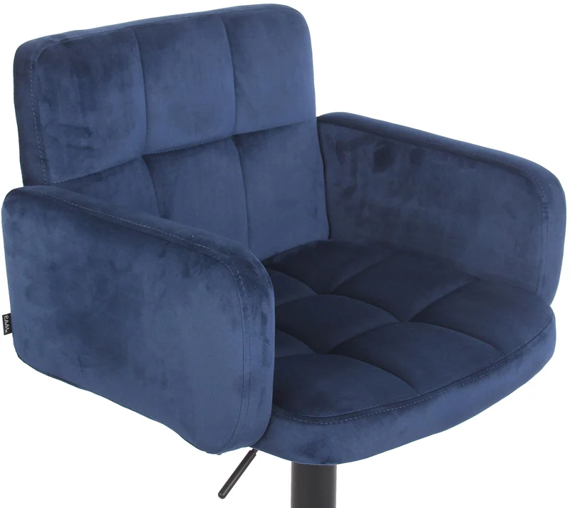 Tabouret de bar pivotant en velours bleu et métal noir avec accoudoirs repose-pieds et dossier TDB10655