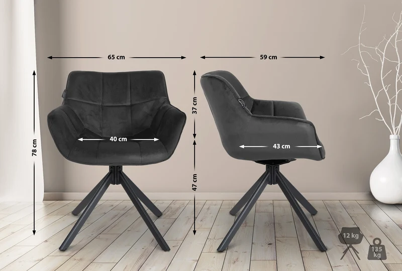 Chaise de salle à manger fauteuil lounge rotatif en velours gris foncé cadre métallique noir BUR10675