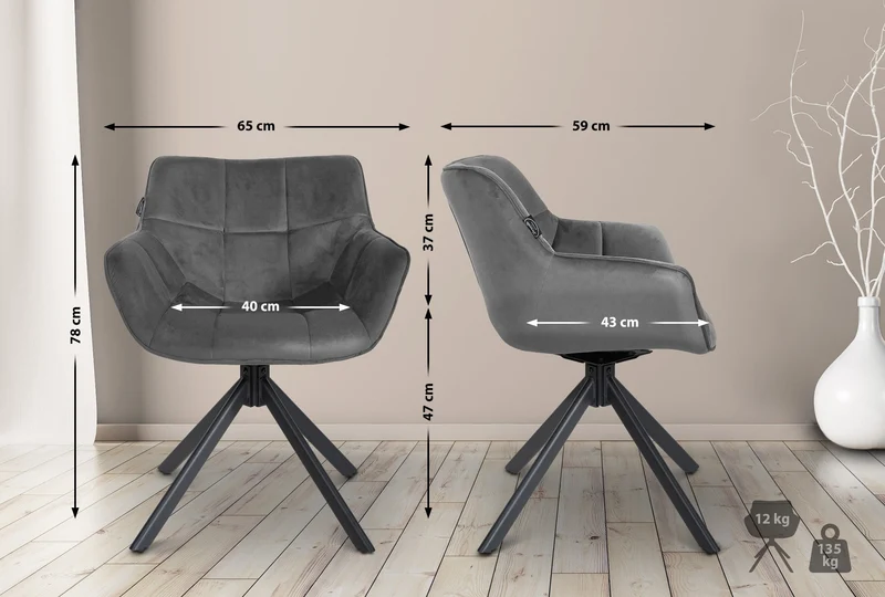 Chaise de salle à manger fauteuil lounge rotatif en velours gris cadre métallique noir BUR10673