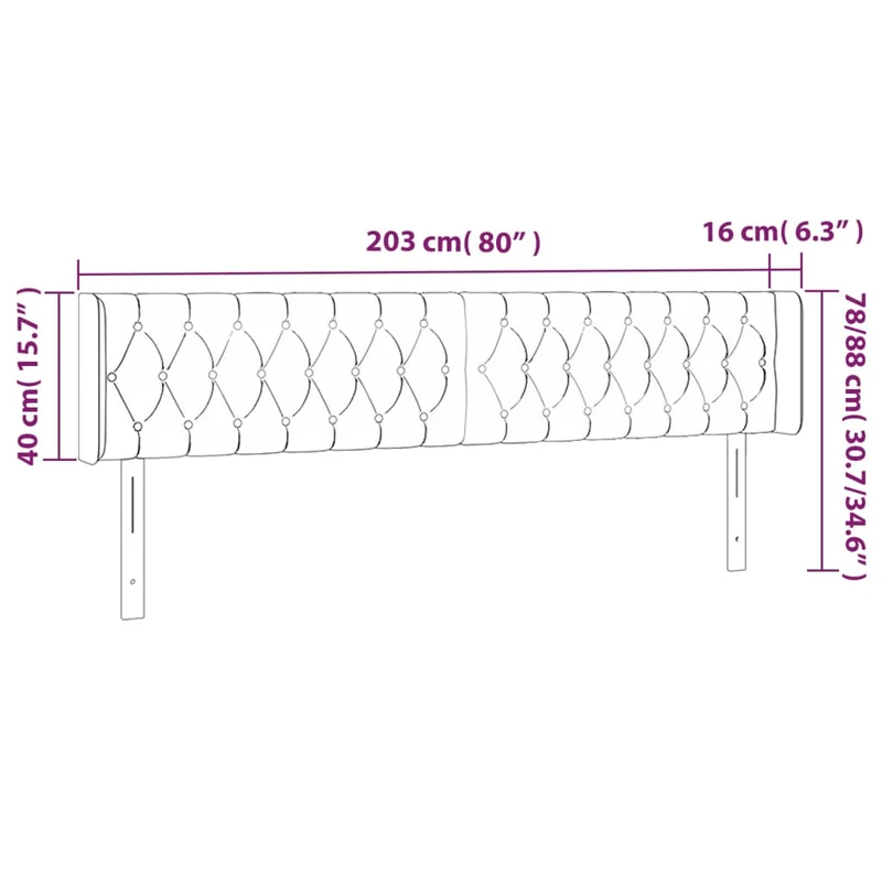 Tête de lit accessoire couchage chambre à coucher meuble capitonné avec rebord latéral 203 x 16 x 78/88 cm Tissu velours noir TDL0204490